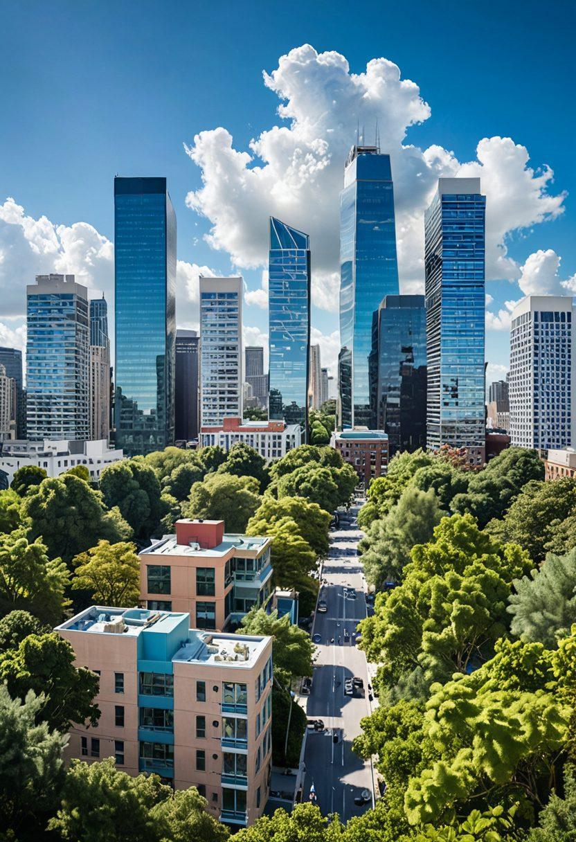 A modern city skyline showcasing diverse residential buildings, with a transparent overlay of market trends and graphs. Include a group of diverse individuals examining blueprints and discussing opportunities in front of a property. Add lush greenery in the foreground, symbolizing growth. A clear blue sky with soft clouds to convey optimism. super-realistic. vibrant colors. white background.