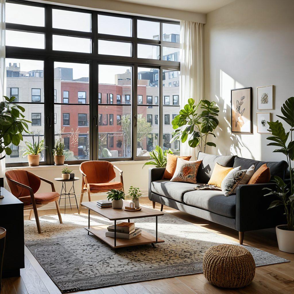 A cozy, sunlit living space showcasing a modern condo next to a charming flat, both adorned with tasteful decor reflecting budget-friendly elegance. Include elements like houseplants, stylish furniture, and soft textiles that emphasize comfort and affordability. In the background, an inviting neighborhood setting with people enjoying their surroundings can be seen. vibrant colors. super-realistic.