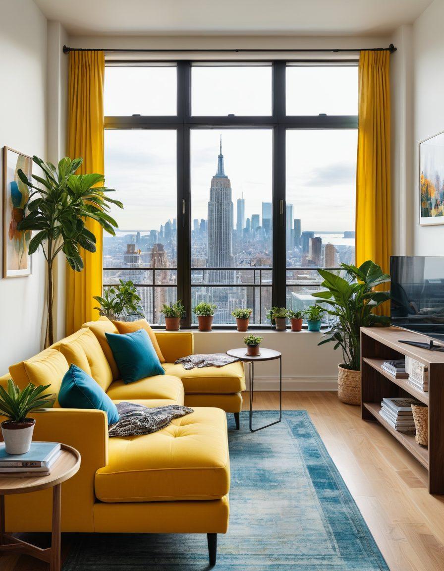 A cozy, modern apartment interior showcasing a stylish living space within a budget, featuring colorful accent furniture and houseplants. Include a large window with natural light spilling in, displaying a beautiful cityscape outside. There should also be a laptop on a desk with a rental website open on the screen, symbolizing the search for a perfect space. The ambiance should be inviting and warm. super-realistic. vibrant colors.